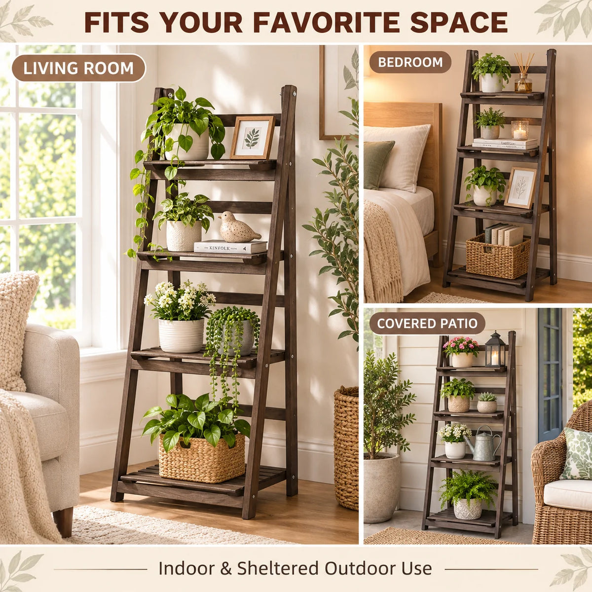 4 Tier Foldable Wooden Ladder Shelf