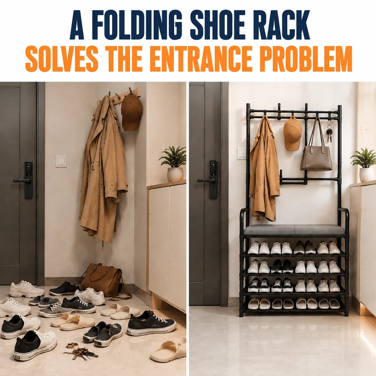 Folding Shoe Rack with Coat Rack