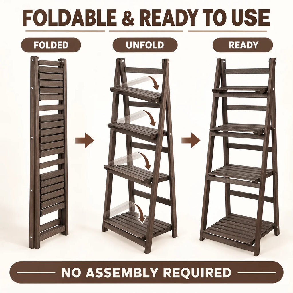 4 Tier Foldable Wooden Ladder Shelf