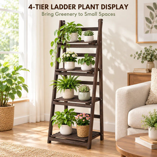 4 Tier Foldable Wooden Ladder Shelf
