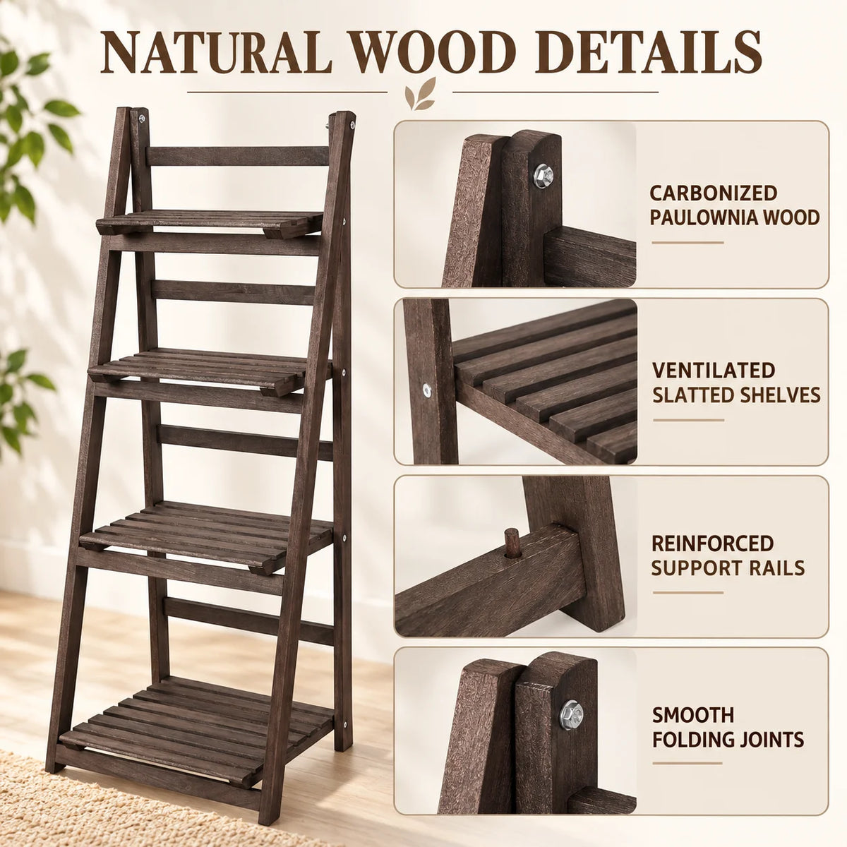4 Tier Foldable Wooden Ladder Shelf