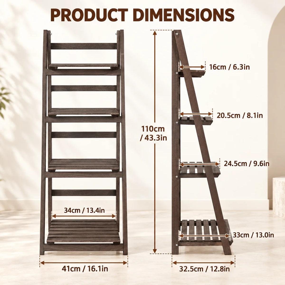 4 Tier Foldable Wooden Ladder Shelf