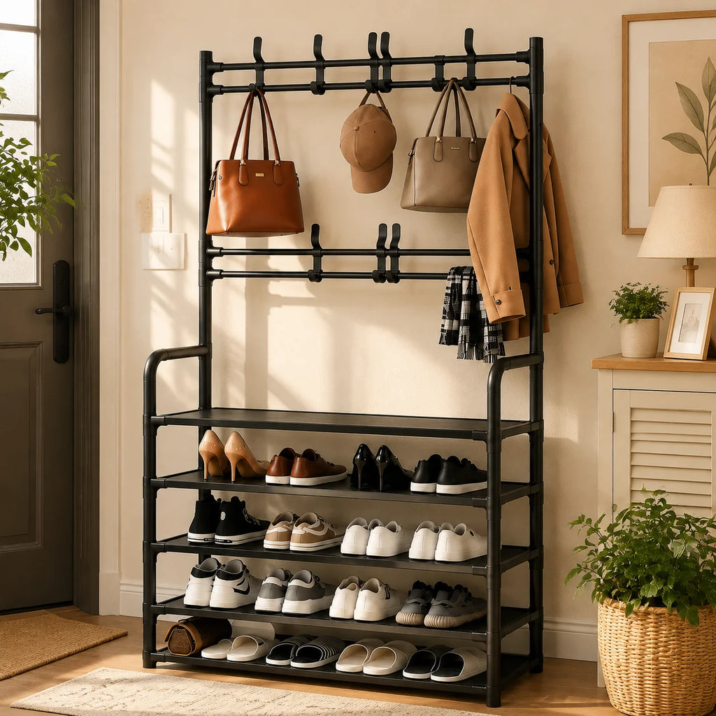 Folding Shoe Rack with Coat Rack