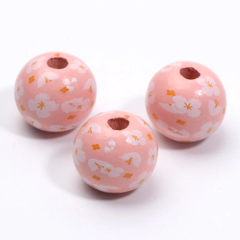 Round Flower Painting Wood Beads
