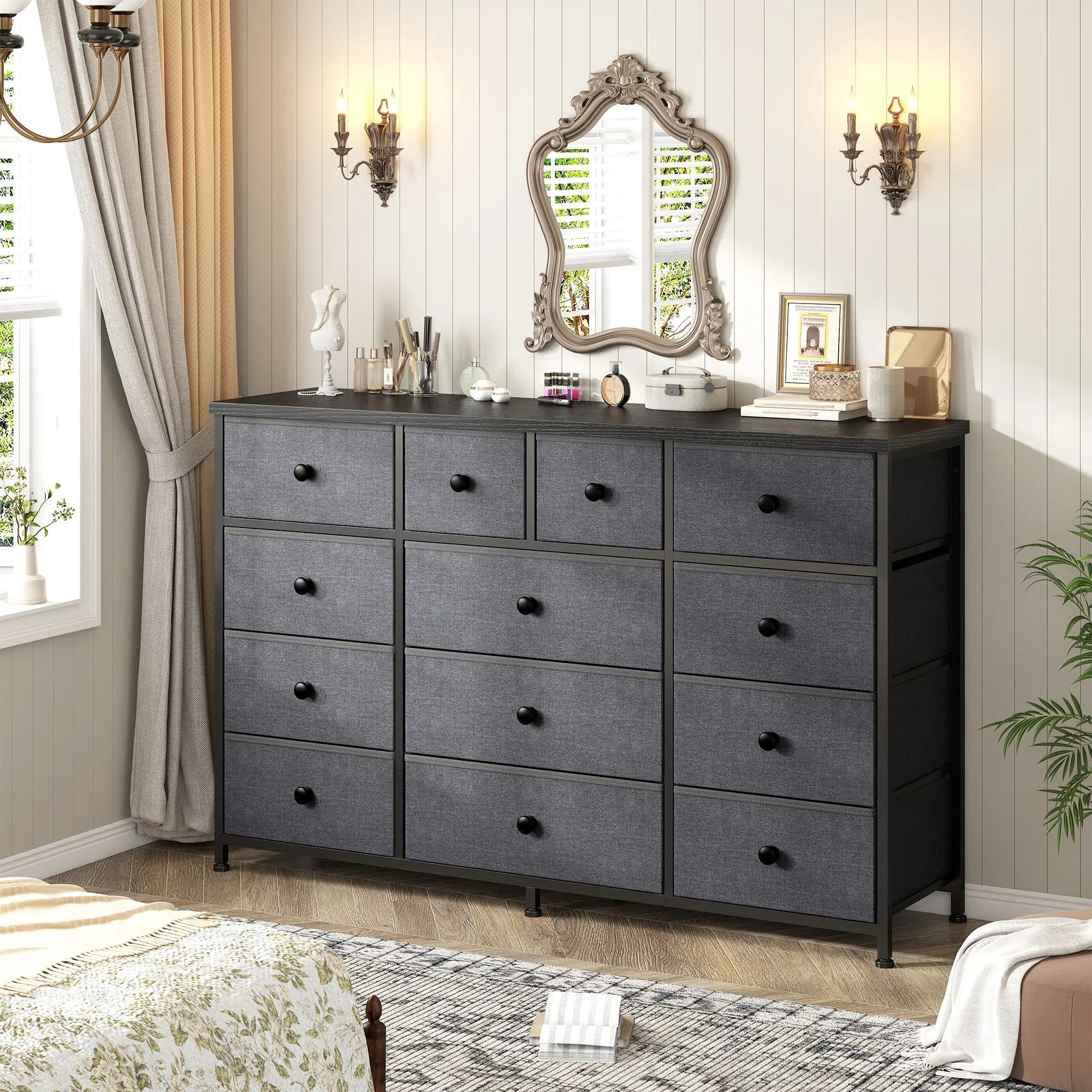 EnHomee 13-Drawer Storage Unit & TV Stand – 47" Wide Fabric Dresser with Wood Top – For Bedroom, Living Room, Hallway, Apartment