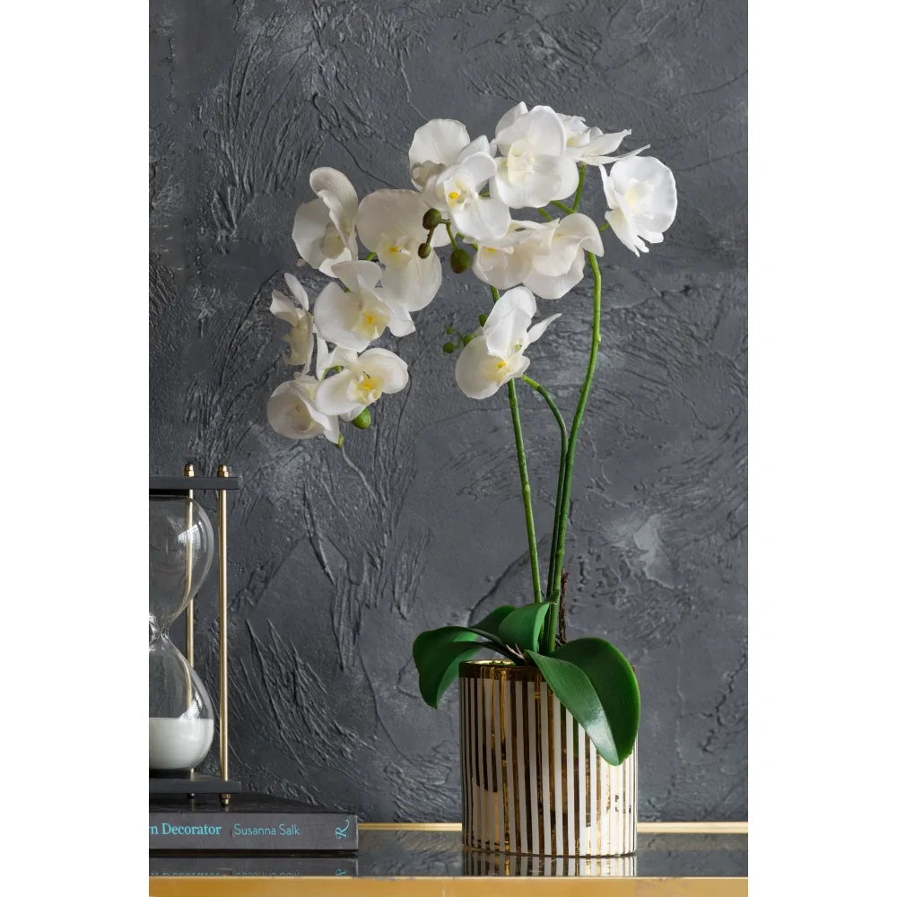Artificial White Orchid in Gold Striped Pot