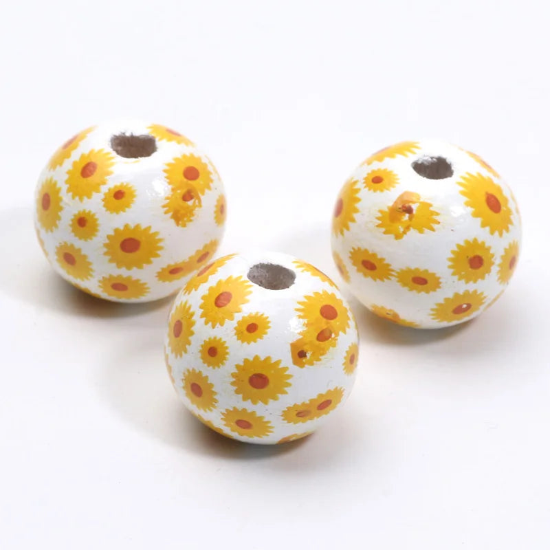 Round Flower Painting Wood Beads