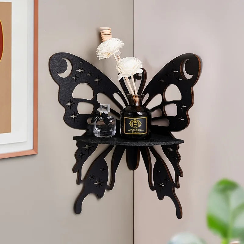 Lotus & Butterfly Corner Shelf – Decorative Wood Wall Sconce for Candles & Plants Includes Lotus & Butterfly Motifs, Natural Finish, Great for Bathroom Vanity, Entryway or Meditation Space Styling