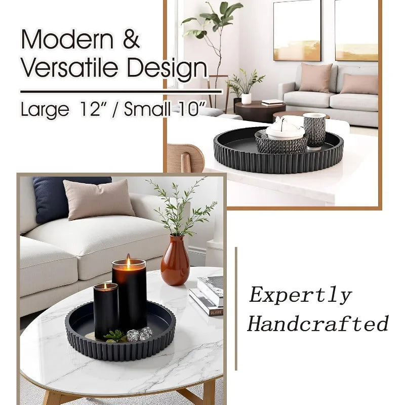 Black Fluted Edge Round Wooden Tray Set