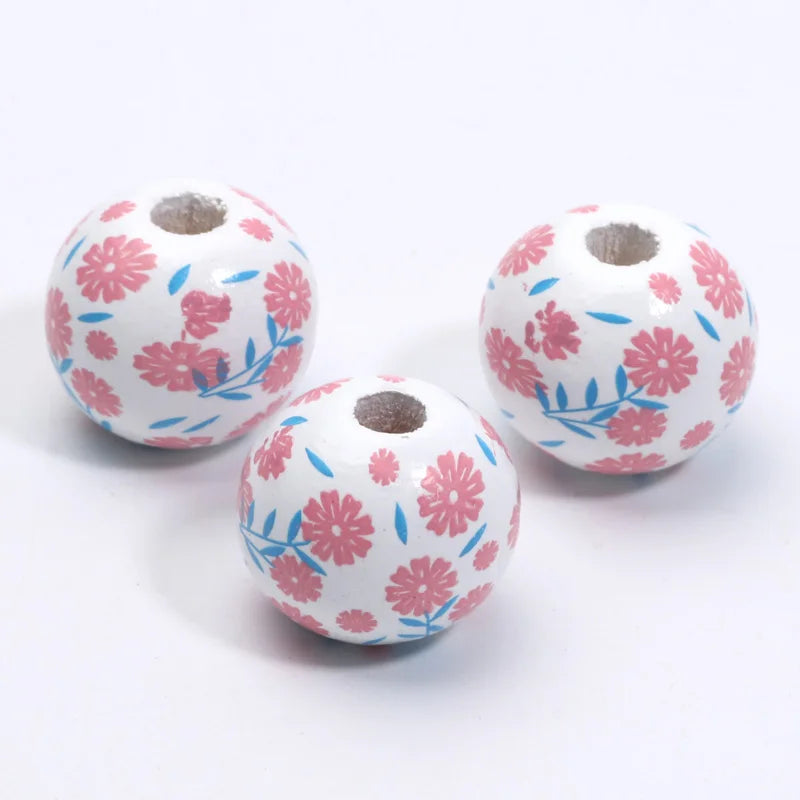 Round Flower Painting Wood Beads