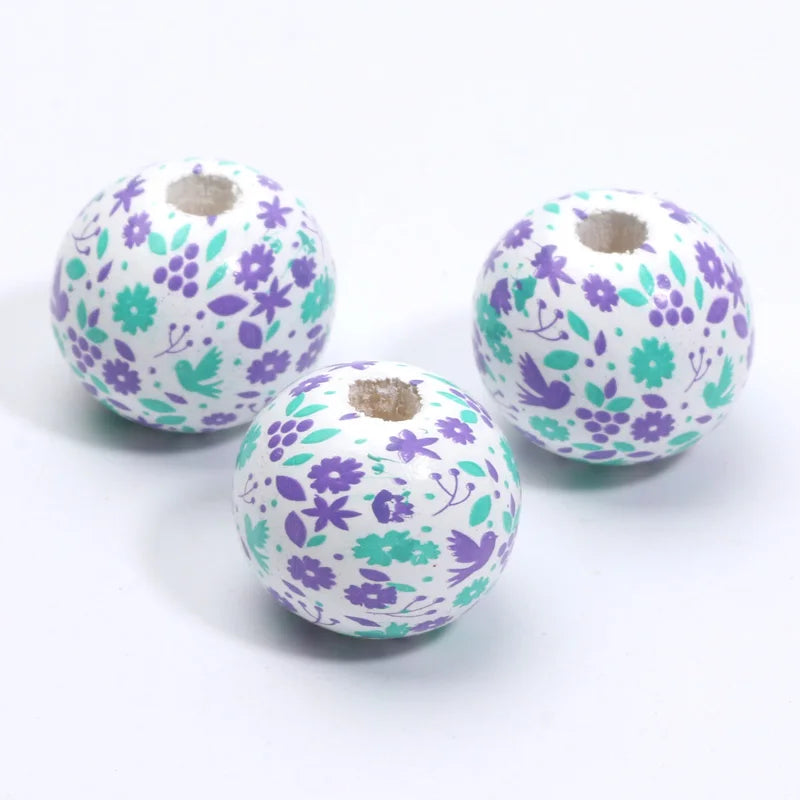 Round Flower Painting Wood Beads