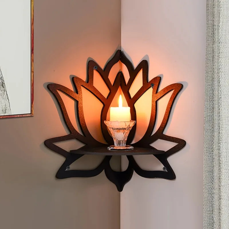 Lotus & Butterfly Corner Shelf – Decorative Wood Wall Sconce for Candles & Plants Includes Lotus & Butterfly Motifs, Natural Finish, Great for Bathroom Vanity, Entryway or Meditation Space Styling