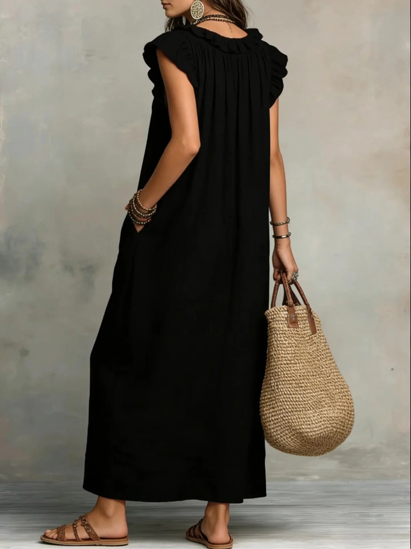 Women's Bohemian Ruffle Linen Maxi Dress