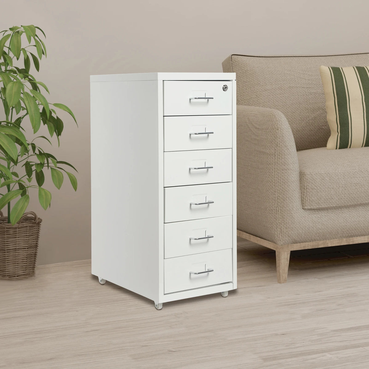 White 6 Drawer File Cabinet with Wheels