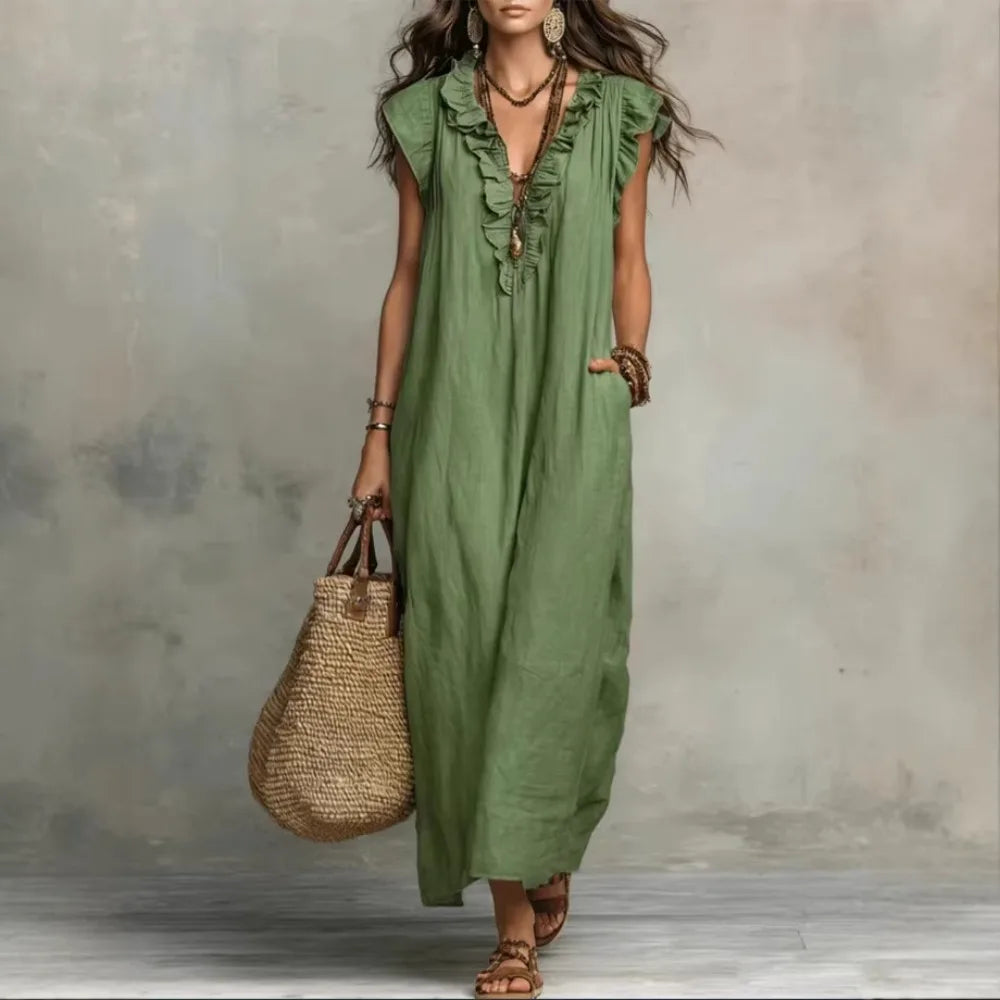 Women's Bohemian Ruffle Linen Maxi Dress