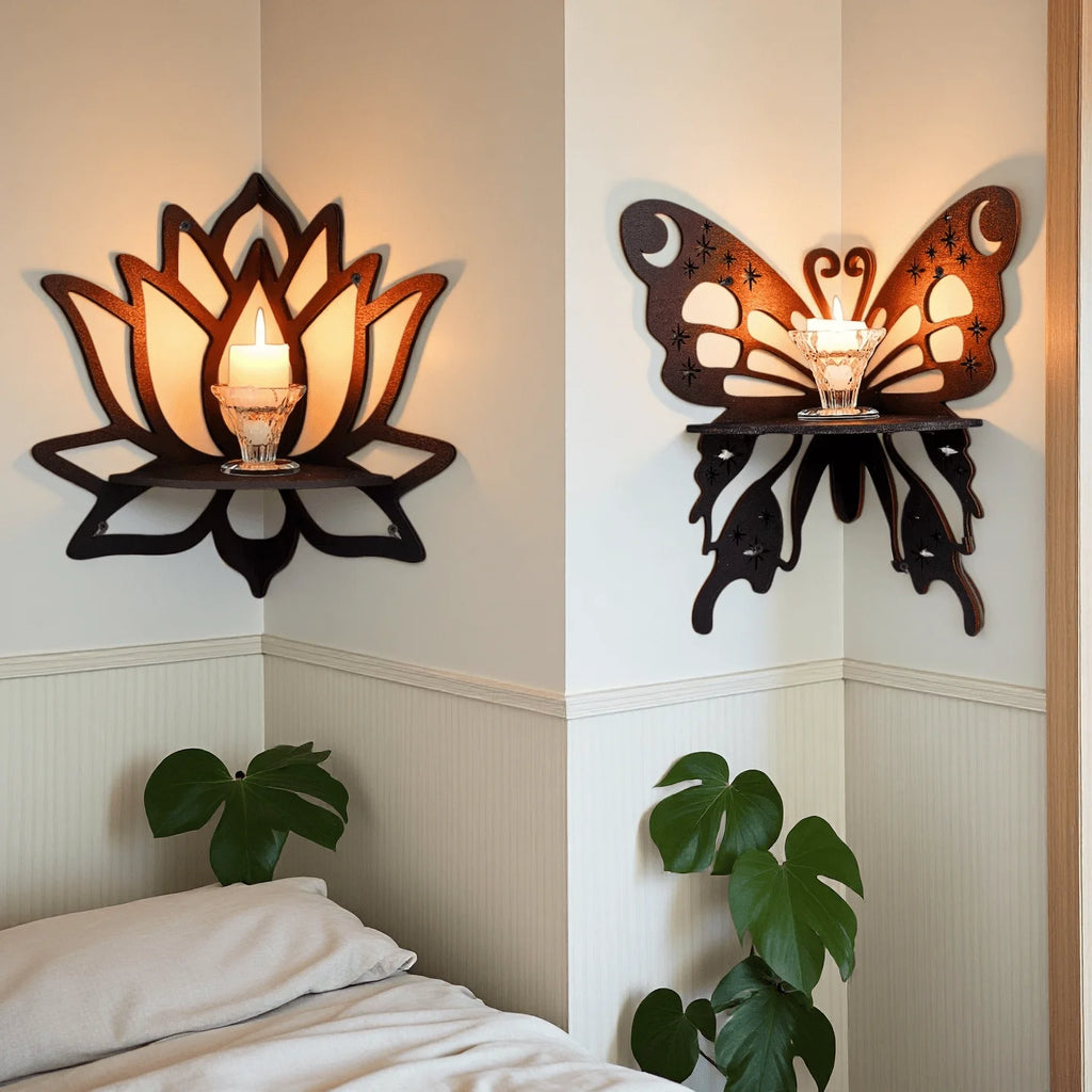 Lotus & Butterfly Corner Shelf – Decorative Wood Wall Sconce for Candles & Plants Includes Lotus & Butterfly Motifs, Natural Finish, Great for Bathroom Vanity, Entryway or Meditation Space Styling