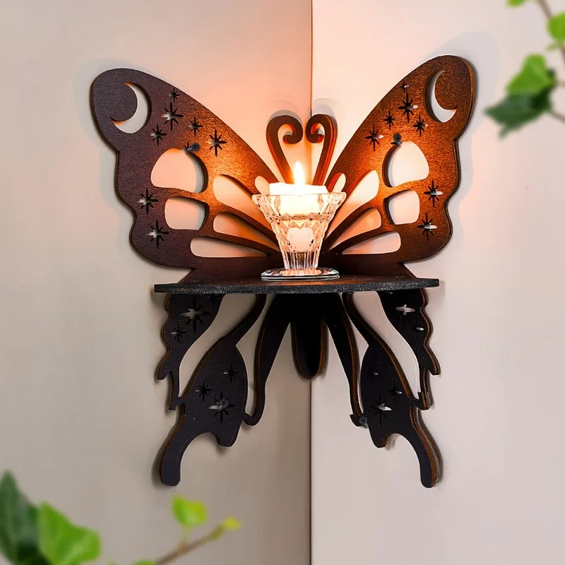 Lotus & Butterfly Corner Shelf – Decorative Wood Wall Sconce for Candles & Plants Includes Lotus & Butterfly Motifs, Natural Finish, Great for Bathroom Vanity, Entryway or Meditation Space Styling