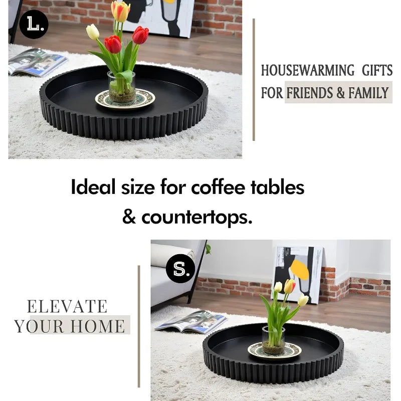 Black Fluted Edge Round Wooden Tray Set