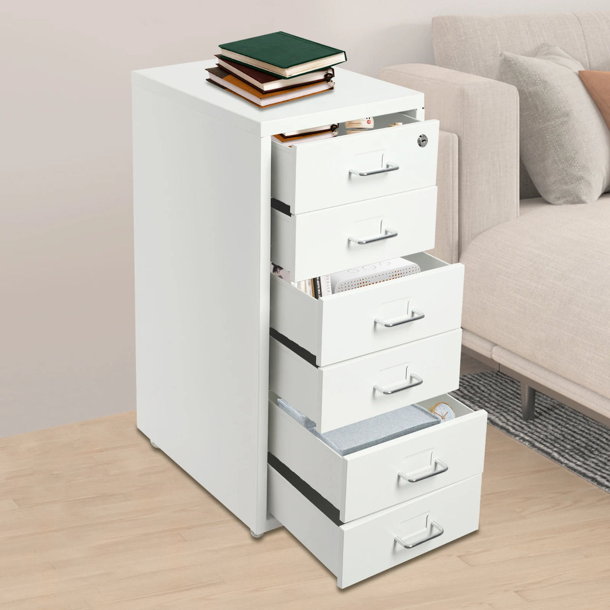 White 6 Drawer File Cabinet with Wheels