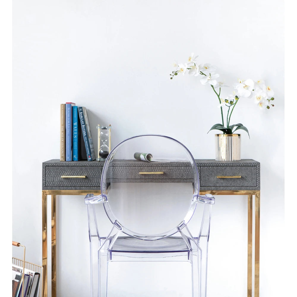 Artificial White Orchid in Gold Striped Pot