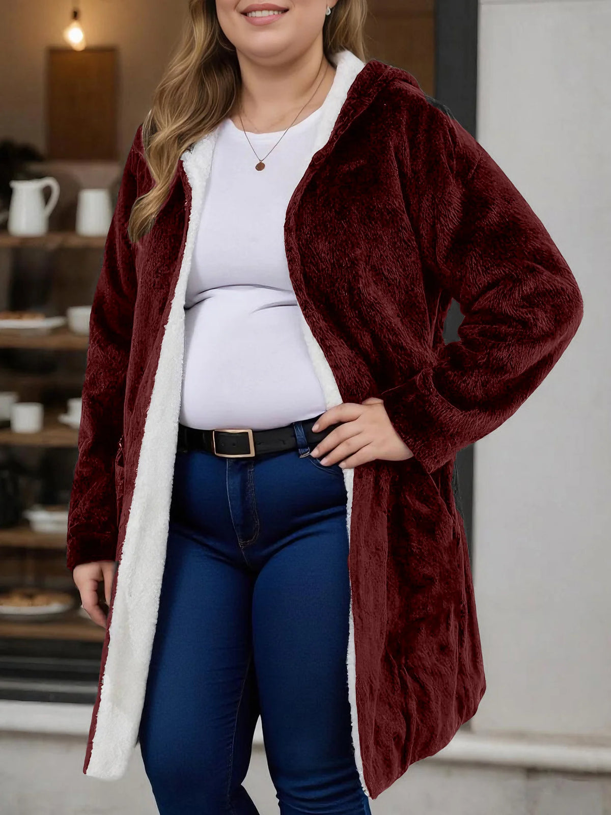 Mid Length Sherpa Lined Hooded Coat