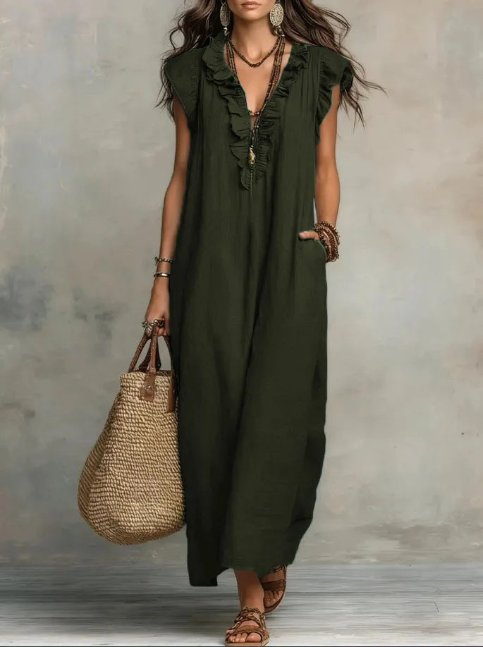 Women's Bohemian Ruffle Linen Maxi Dress