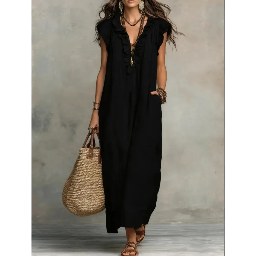 Women's Bohemian Ruffle Linen Maxi Dress