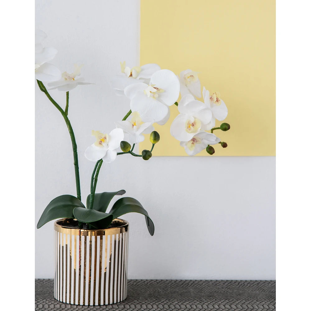 Artificial White Orchid in Gold Striped Pot
