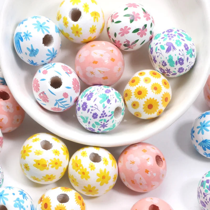 Round Flower Painting Wood Beads