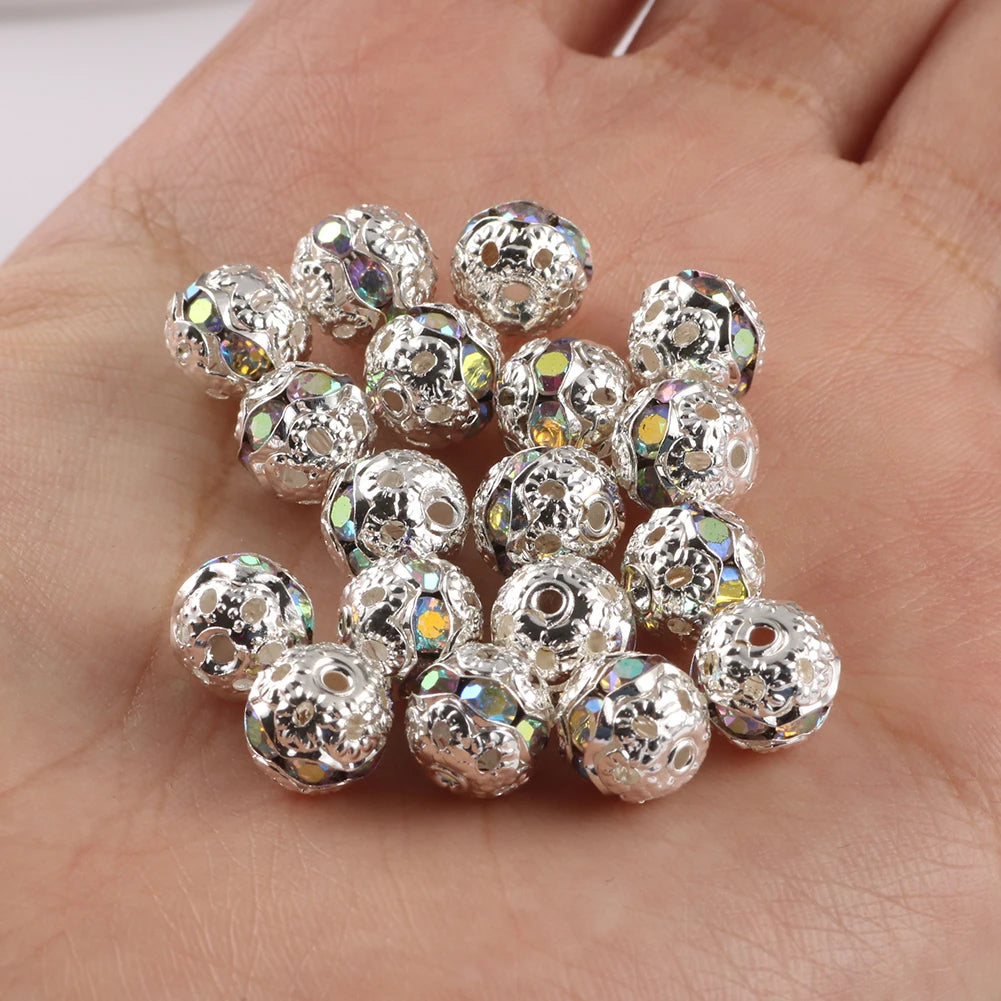 50pc/Lot 6mm 8mm 10mm AB Color  Rhinestone Ball Shape Loose Beads Metal Crystal Beads for Jewelry Making DIY Accessories