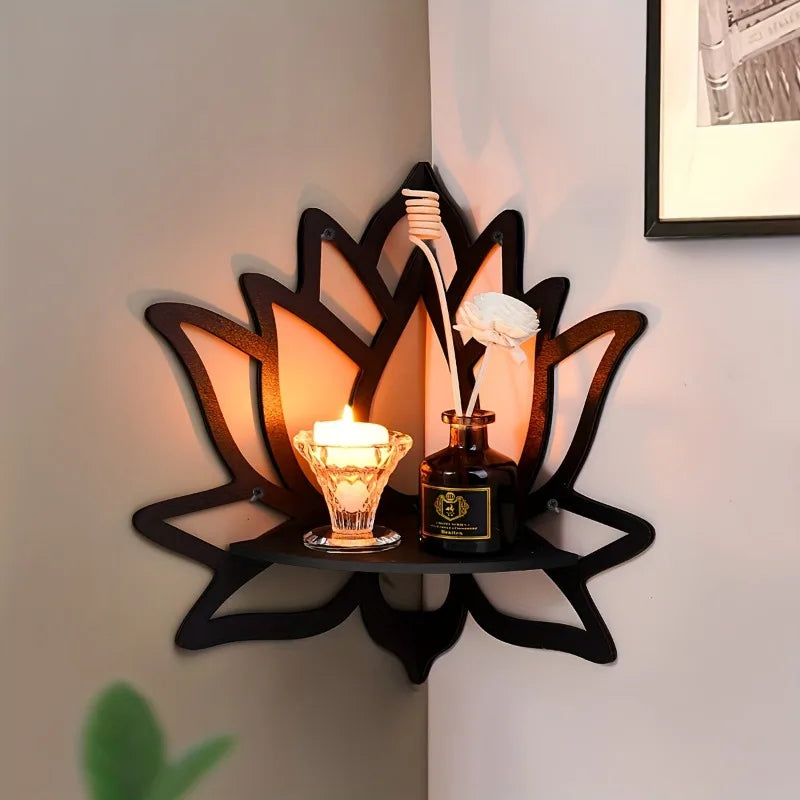 Lotus & Butterfly Corner Shelf – Decorative Wood Wall Sconce for Candles & Plants Includes Lotus & Butterfly Motifs, Natural Finish, Great for Bathroom Vanity, Entryway or Meditation Space Styling