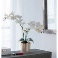 Artificial White Orchid in Gold Striped Pot