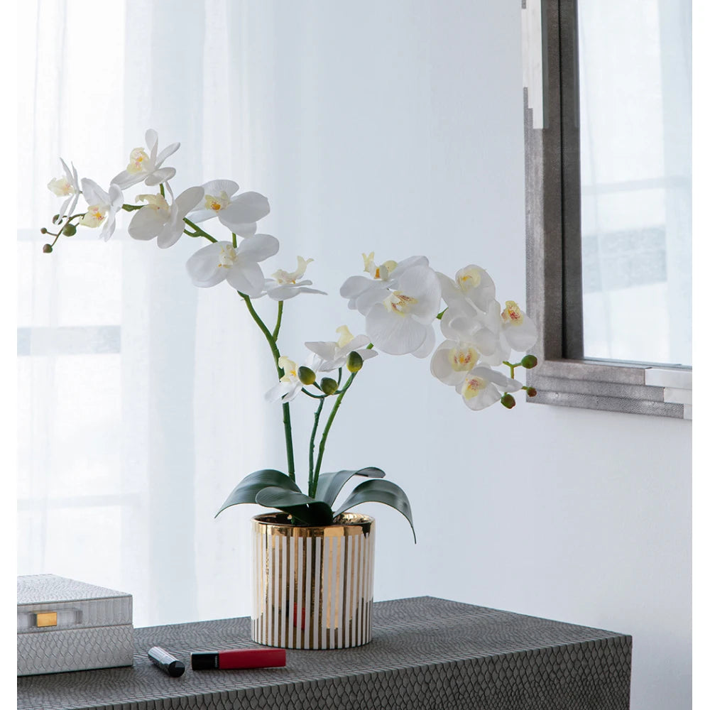 Artificial White Orchid in Gold Striped Pot