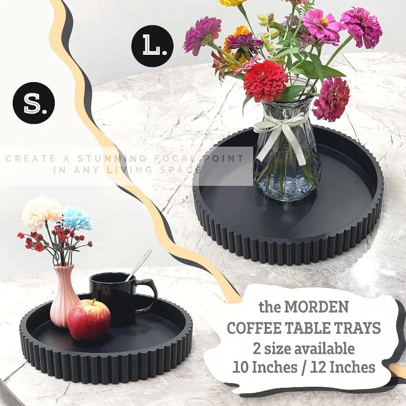 Black Fluted Edge Round Wooden Tray Set