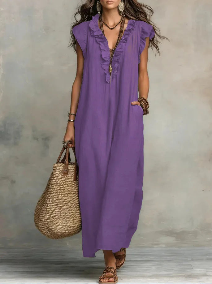 Women's Bohemian Ruffle Linen Maxi Dress