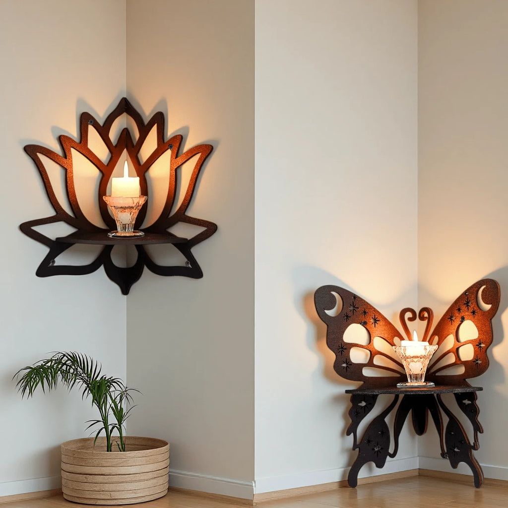 Lotus & Butterfly Corner Shelf – Decorative Wood Wall Sconce for Candles & Plants Includes Lotus & Butterfly Motifs, Natural Finish, Great for Bathroom Vanity, Entryway or Meditation Space Styling