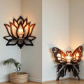 Lotus & Butterfly Corner Shelf – Decorative Wood Wall Sconce for Candles & Plants Includes Lotus & Butterfly Motifs, Natural Finish, Great for Bathroom Vanity, Entryway or Meditation Space Styling