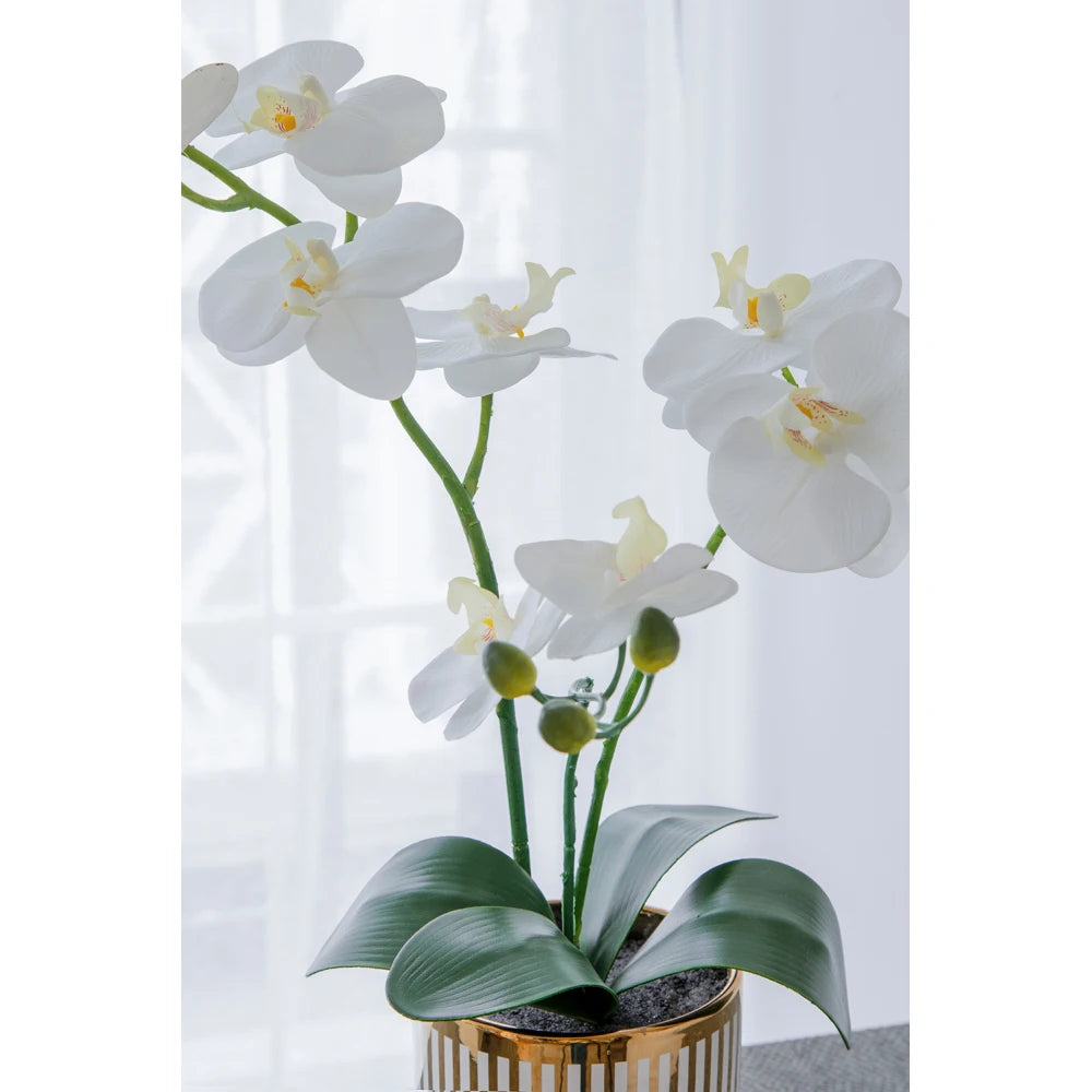 Artificial White Orchid in Gold Striped Pot