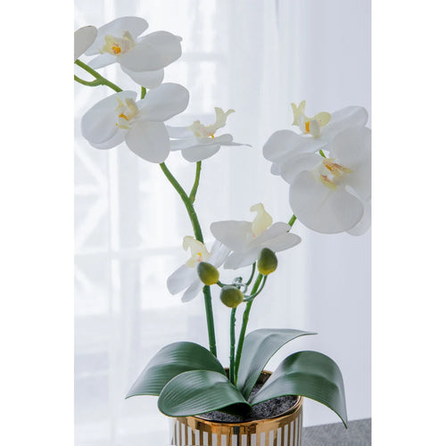 Artificial White Orchid in Gold Striped Pot