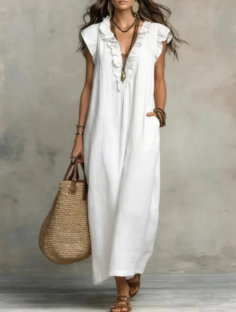 Women's Bohemian Ruffle Linen Maxi Dress