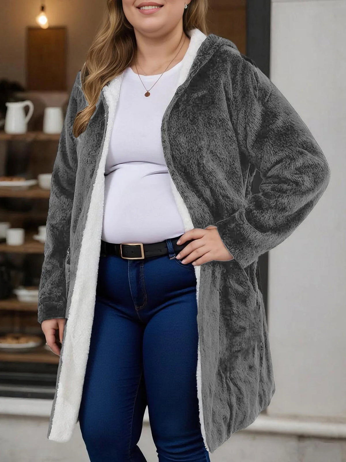 Mid Length Sherpa Lined Hooded Coat