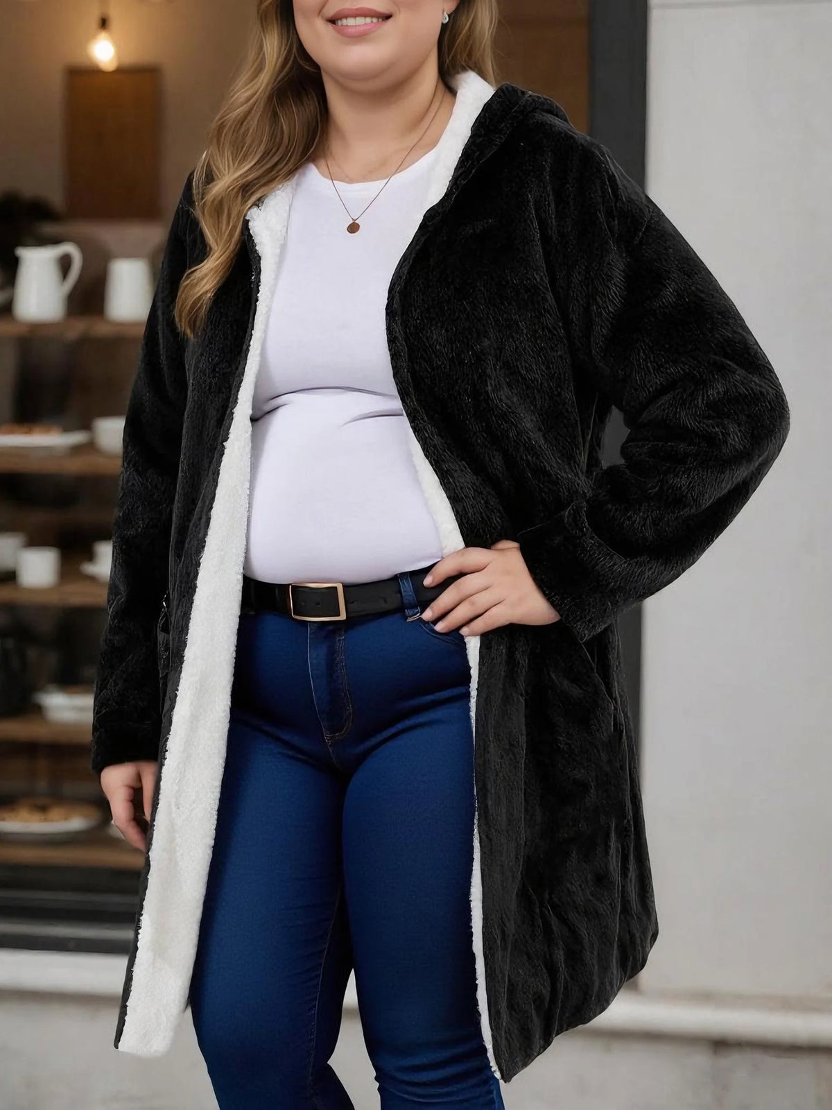 Mid Length Sherpa Lined Hooded Coat