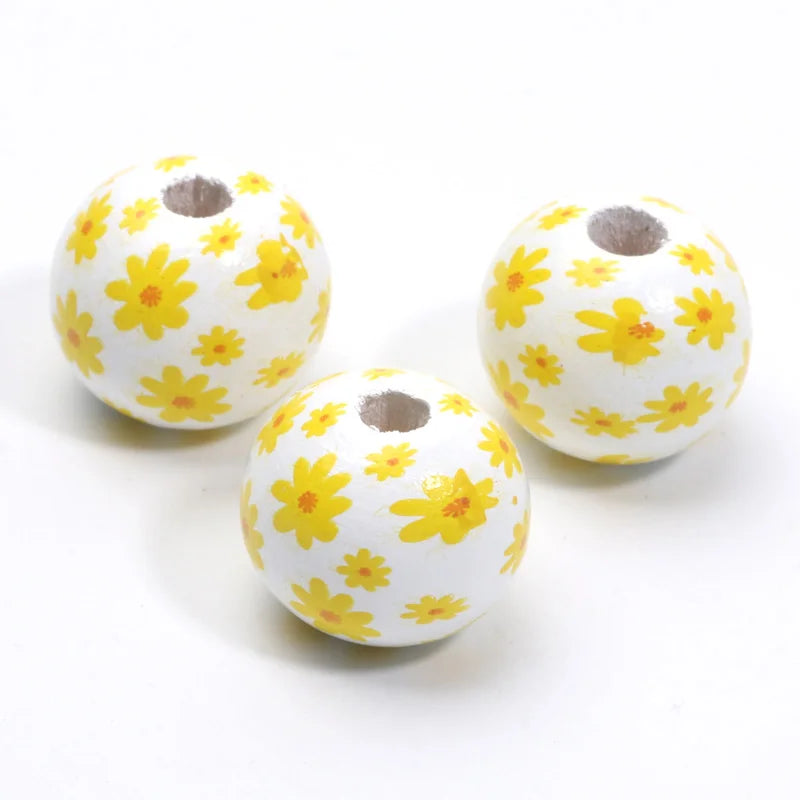 Round Flower Painting Wood Beads