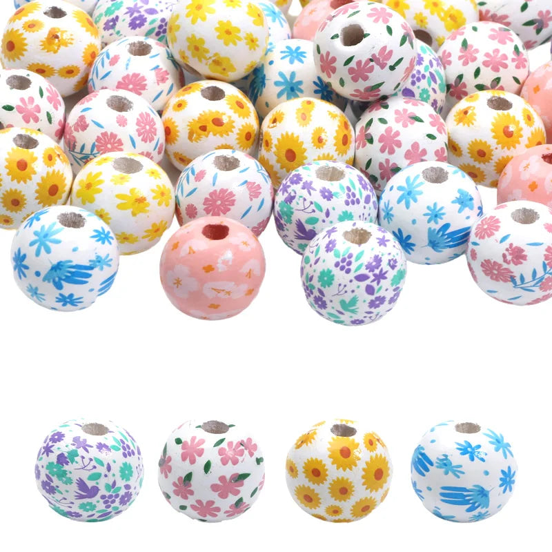 Round Flower Painting Wood Beads