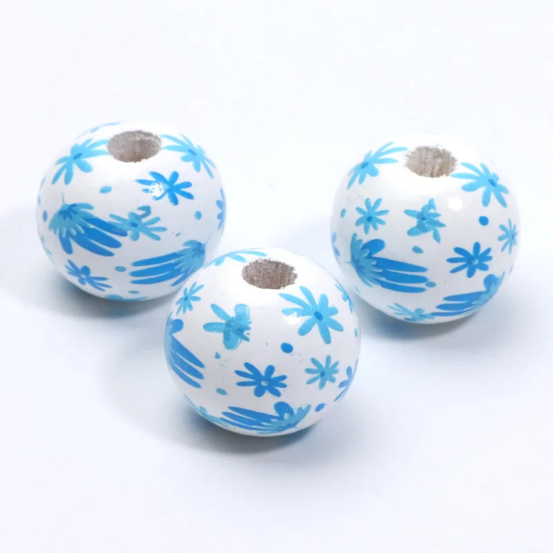 Round Flower Painting Wood Beads