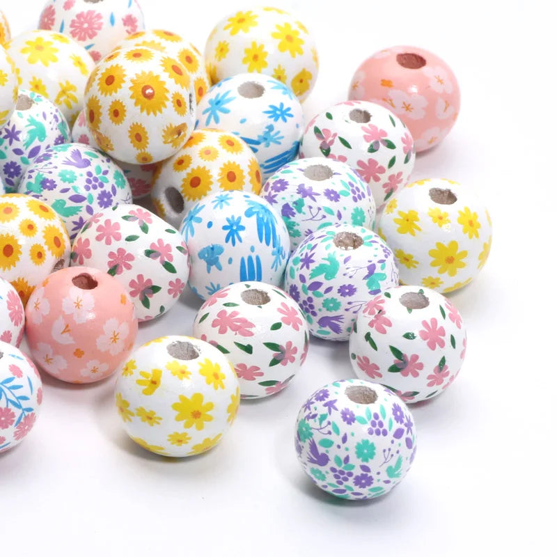 Round Flower Painting Wood Beads