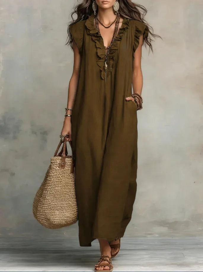 Women's Bohemian Ruffle Linen Maxi Dress
