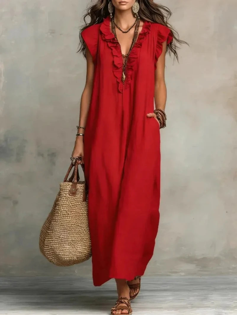 Women's Bohemian Ruffle Linen Maxi Dress