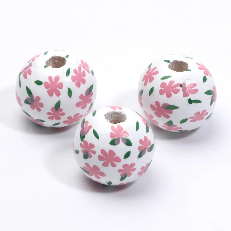 Round Flower Painting Wood Beads