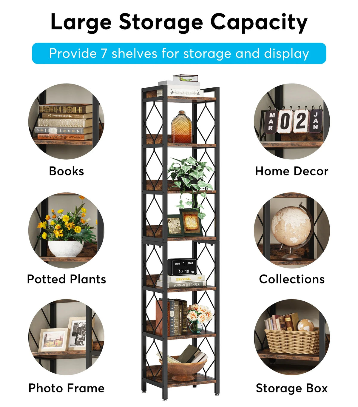 7 Tier Tall Narrow Bookshelf